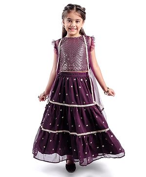 Babyhug Sleeveless  Sequin Embroidered Choli with Lehenga and Jacket with Frill Design- Violet