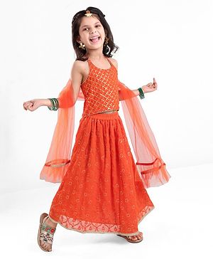 Babyhug Sleeveless Halter Neck Embroidered Choli Lehenga and Dupatta Set - Rust