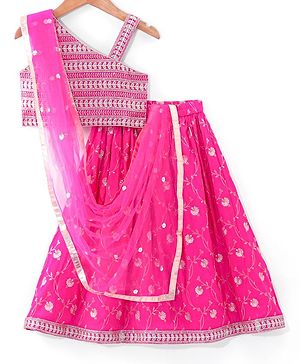 Babyhug Woven Sleeveless Choli Lehenga & Dupatta Set With Floral Printed With Embroidered - Fuschia