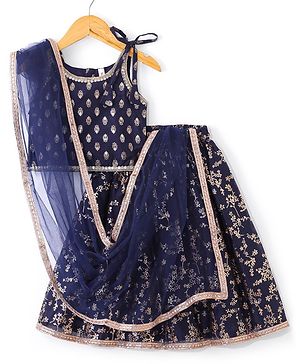 Babyhug Velvet Sleeveless Embroidered Choli with Foil Printed Lehenga and Dupatta Set - Navy Blue