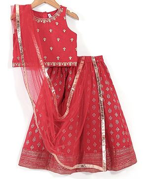Babyhug Sleeveless Embroidered Choli with Foil Printed Lehenga and Dupatta Set - Red