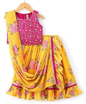 Babyhug Sleeveless Embroidered Choli with Floral Printed Lehenga and Dupatta Set - Yellow