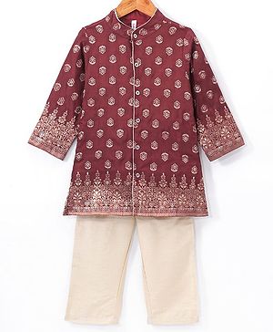 Babyhug Full Sleeves Brocade Embroidered Kurta Pyjama Set - Maroon