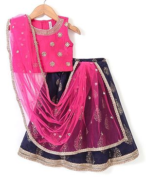 Babyhug Sleeveless Embroidered Choli With Foil Printed Lehenga And Dupatta Set - Navy & Fuschia