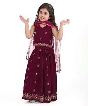 Babyhug Sleeveless Velvet Embroidered Lehenga Choli and Dupatta Set - Maroon