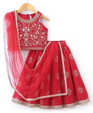 Babyhug Sleeveless Embroidered Choli with Foil Printed Lehenga and Dupatta Set - Red