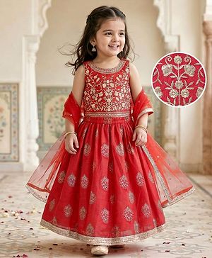 Babyhug Sleeveless Embroidered Choli with Foil Printed Lehenga and Dupatta Set - Red