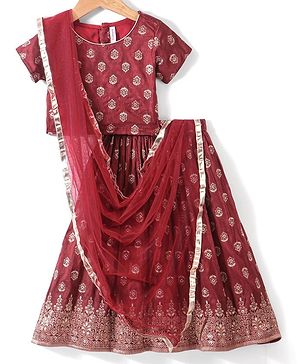 Babyhug Short Sleeve Chanderi Butti Lehenga Choli And Dupatta Set- Maroon.