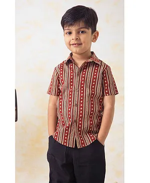 Tiber Taber Half Sleeves Striped Pattern Motif Design Shirt -  Brown