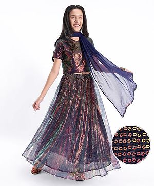 Pine Kids Half Sleeves All Over Sequined Lehenga Choli Set-Multicolor