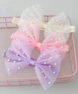 Babyhug Free Size Headbands With Bow & Pearl Applique Pack of 3 - Purple Pink & White