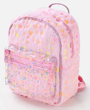 Babyhug Fur Fashion Backpack Heart Print - Pink