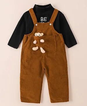 Kookie Kids Dungaree With Bear Applique and Full Sleeves T-Shirt Text Print - Black & Brown