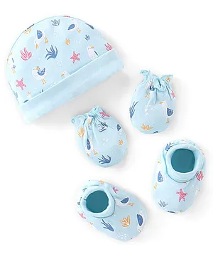 Babyhug 100% Cotton Knit Cap Mittens & Booties Set with Star Fish Print - Blue