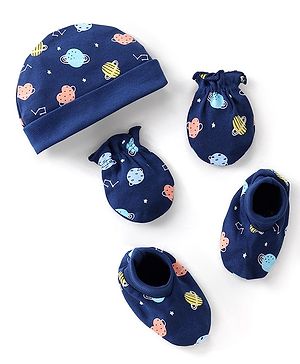 Babyhug 100% Cotton Interlock Knit Cap Mittens & Booties Set with Space Print - Navy Blue