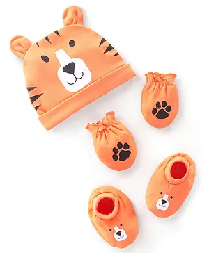 Babyhug 100% Cotton Interlock Knit Cap Mittens & Booties Set with Tiger Print - Orange