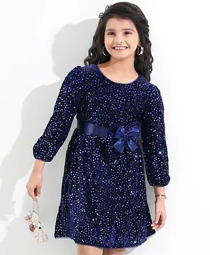 Hola Bonita Party Wear Velvet Sequined Long Sleeve Party Dress With Bow -Navy Blue