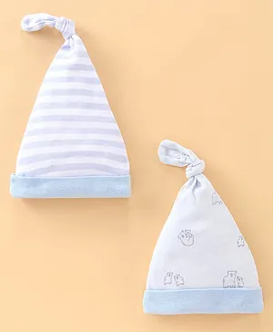 BUMZEE  Pack Of 2  Striped Designed & Bear Printed Knotted Cap -  Sky Blue