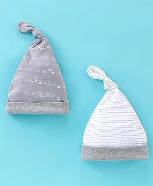 BUMZEE  Pack Of 2  Striped Designed & Car Printed Knotted Cap - Grey & White