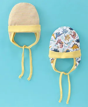 BUMZEE Pack Of 2 Striped Designed & Dinosaur Printed Ear Flap Cap - Yellow & White