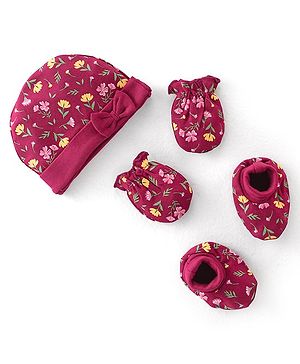 Babyhug 100% Cotton Knit Cap Mittens & Booties Set with Floral Print - Red