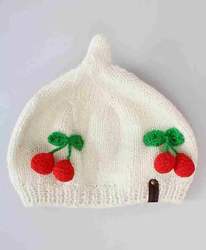 Woonie Handmade & Knitted Cherry Applique Detailed Woollen Cap - Cream
