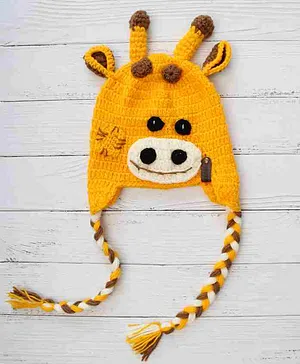 Woonie Handmade Crochet Giraffe Face Detailed Woollen Cap - Yellow