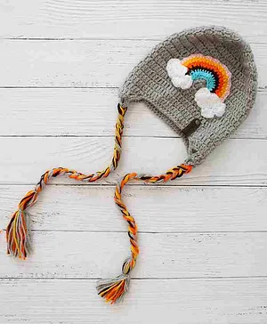 Woonie Handmade Crochet Rainbow Detailed Woollen Cap - Grey