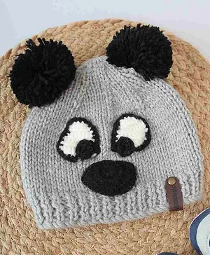 Woonie Hand knitted Bear Face Detailed Woollen Cap - Grey