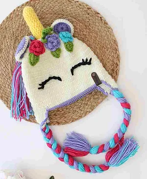 Woonie Handmade Crochet Unicorn Face Detailed Woollen Cap -  Cream