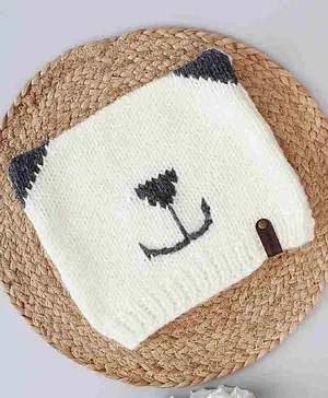 Woonie Handmade Bear Face Designed    Knitted Woollen Cap - Cream