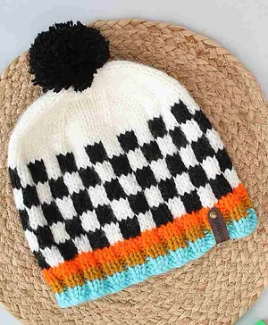 Woonie Handmade Checked Pattern Knitted Bobble Cap - Cream