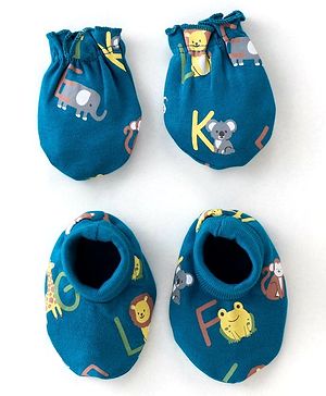 Babyhug 100% Cotton Knit Elephant Print Mittens and Booties - Green