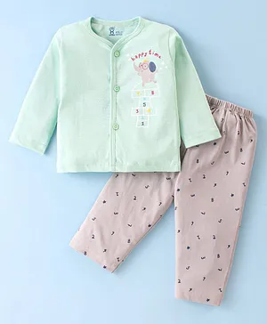 Pink Rabbit Cotton Jersey Full Sleeves Night Suit Elephant Print - Light Green
