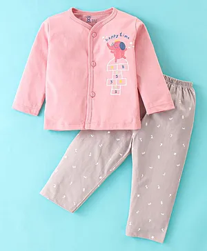 Pink Rabbit Cotton Jersey Full Sleeves Night Suit Elephant Print - Light Peach