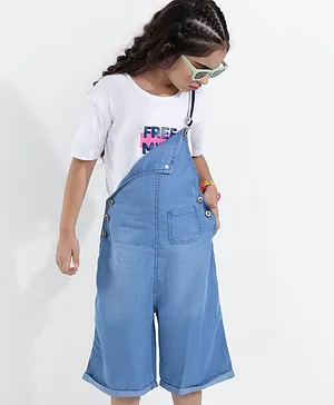 Ollington St. Half Sleeve Top with Stretchable Denim Loose Fit Jumpsuit Text Printed - White & Indigo