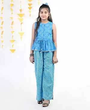 Budding Bees Sleeveless Leaf Printed Peplum Top & Striped Pant With Scrunchie - Blue
