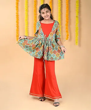 Budding Bees Three Fourth Sleeves Moroccan Design Floral Printed Peplum Kurta & Palazzo With Scrunchie - Blue & Red