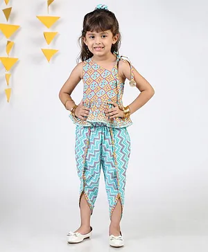 Budding Bees One Shoulder Block Motif Printed  Top & Chevron Design Dhoti  With Scrunchies - Blue