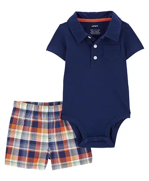 Carter's Cotton Blend Half Sleeves Onesie with Checkered Shorts - Blue