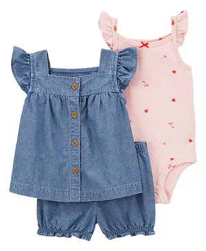 Carter's Baby 3-Piece Cherry Chambray Little Short Set- Blue & Pink