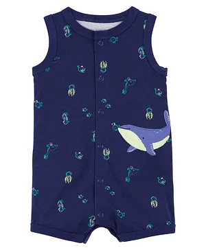 Carter's Cotton Blend Sleeveless Whale Printed Romper - Navy Blue