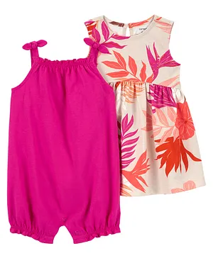 Carter's Cotton Blend Sleeveless Romper with Frock & Bloomer Tropical Print - Multicolour