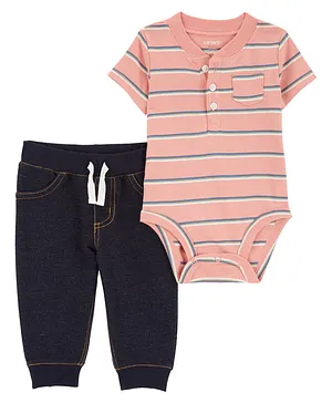 Carter's Cotton Blend Half Sleeves Striped Romper with Pajama Set - Pink