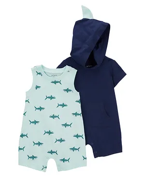 Carter's Cotton Blend Half Sleeves Sharks Printed Rompers Pack of 2 - Blue