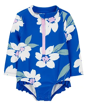 Carter's Floral One-Piece Zip-Front Rashguard Swimsuit - Blue