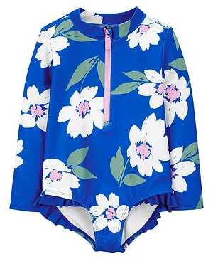 Carter's Floral One-Piece Zip-Front Rashguard Swimsuit - Blue