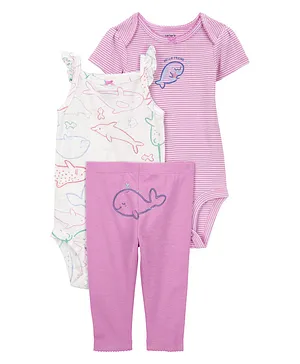 Carter's Cotton Blend Half Sleeves Whales Printed Onesies with Leggings Set - Pink & White