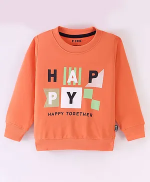 Fido Cotton Looper Full Sleeves T-Shirt Happy Print - Orange