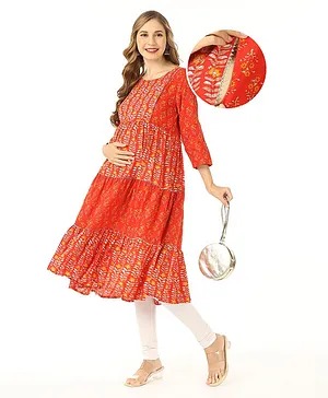 Bella Mama Woven All Over  Print Tiered  Three Fourth Sleeves Maternity Kurta With Pocket - Red